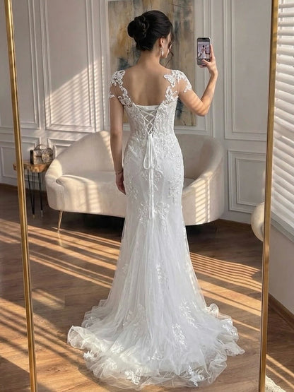 Luxury White Beaded Lace Mermaid Bridal Wedding Dress HA2544