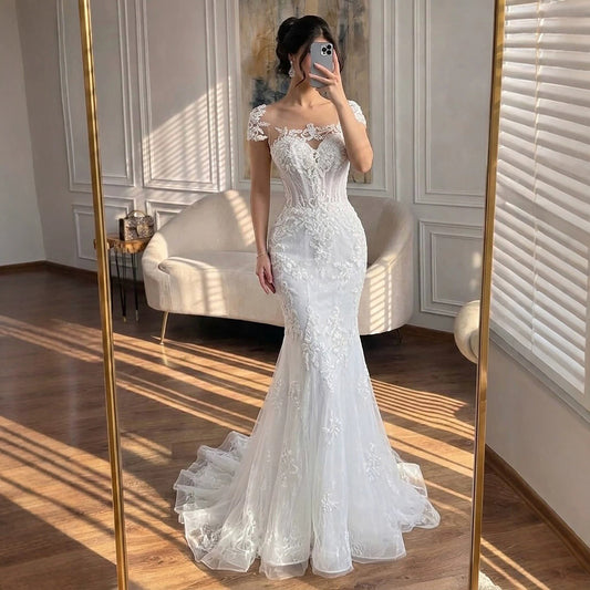 Luxury White Beaded Lace Mermaid Bridal Wedding Dress HA2544