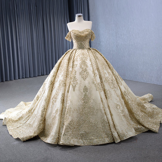 Luxury Gold Off-Shoulder Pearls Beaded Ball Gown HM231147