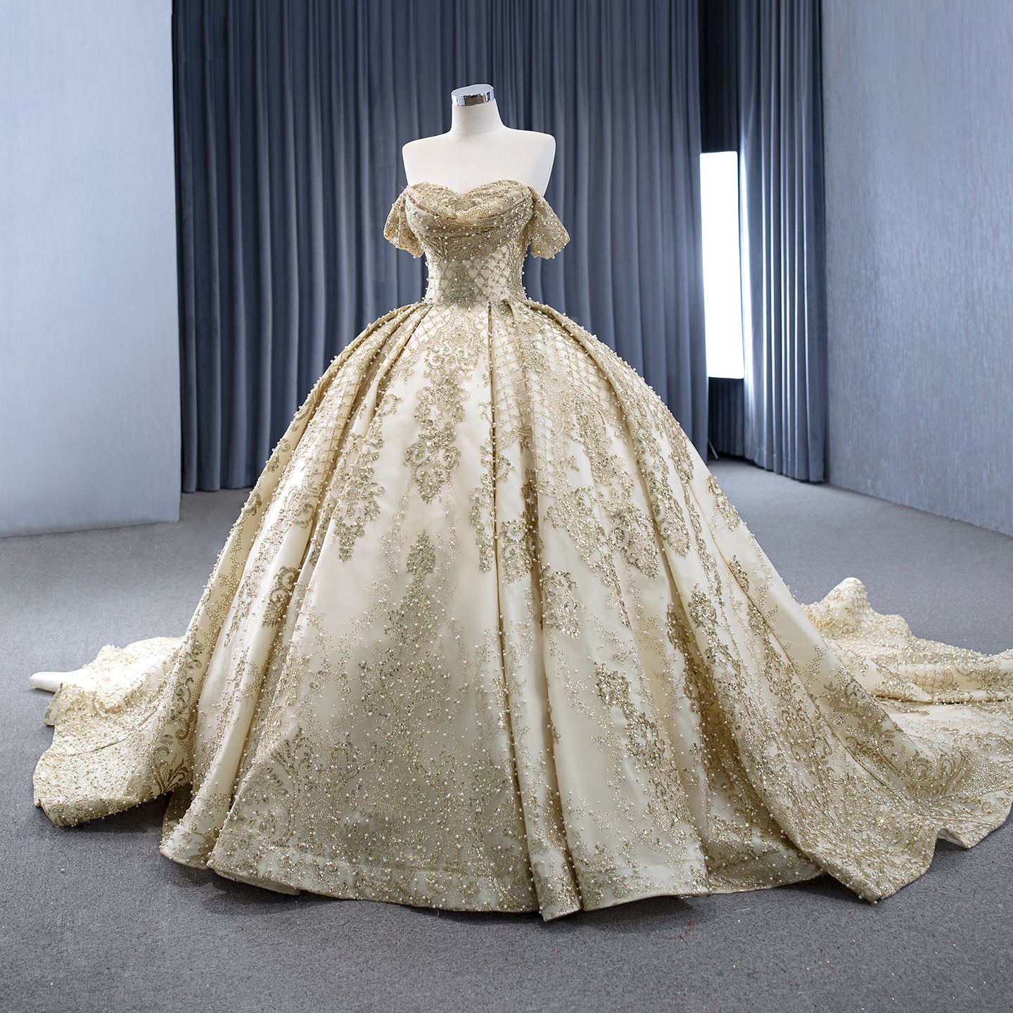 Luxury Gold Off-Shoulder Pearls Beaded Ball Gown HM231147