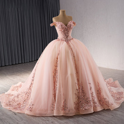 Luxury Blush Pink Strapless Floral Beaded Ball Gown HM241071