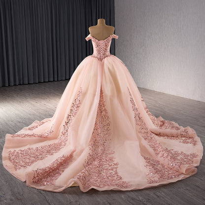 Luxury Blush Pink Strapless Floral Beaded Ball Gown HM241071