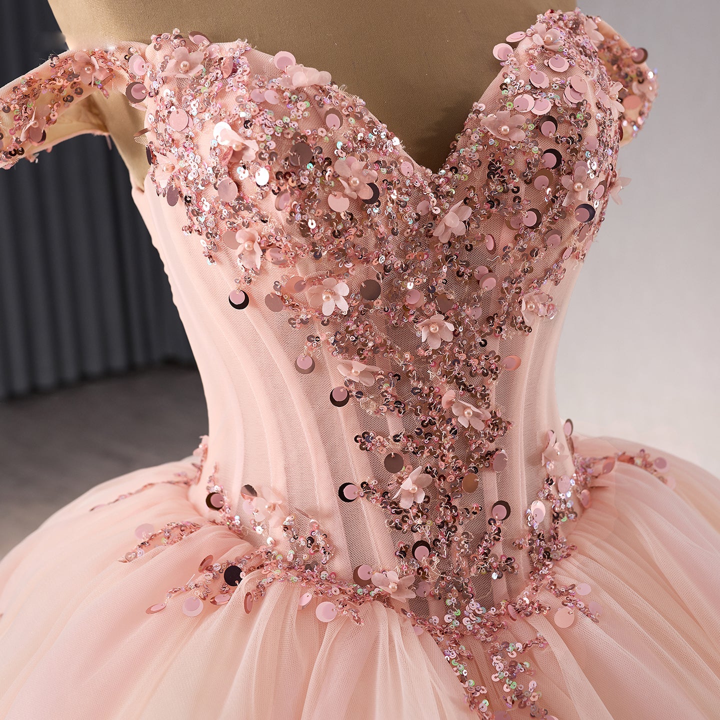 Luxury Blush Pink Strapless Floral Beaded Ball Gown HM241071