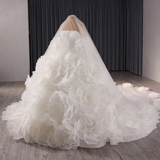 Luxury White Strapless 3D Floral Tulle Ball Gown HM241086