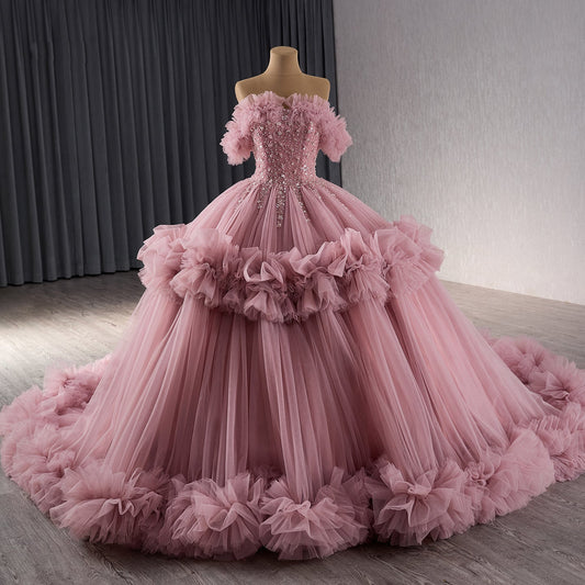 Luxury Blush Pink Off Shoulder Ruffle Tulle Ball Gown HM241098