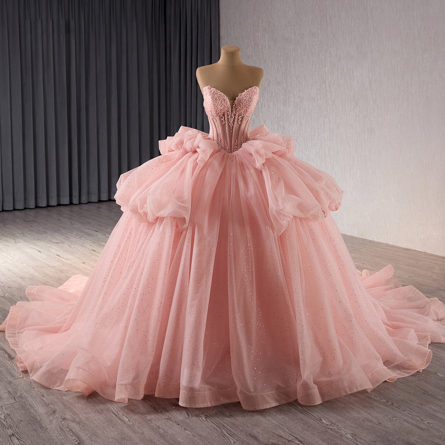 Luxury Nude Pink Off-Shoulder Glitter Beaded Ball Gown HM241101