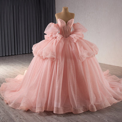 Luxury Nude Pink Off-Shoulder Glitter Beaded Ball Gown HM241101