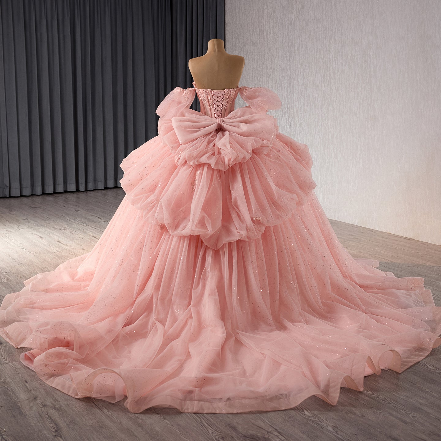 Luxury Nude Pink Off-Shoulder Glitter Beaded Ball Gown HM241101