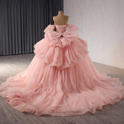 Luxury Nude Pink Off-Shoulder Glitter Beaded Ball Gown HM241101