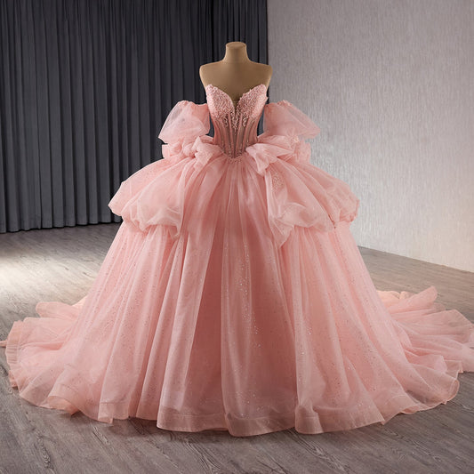 Luxury Nude Pink Off-Shoulder Glitter Beaded Ball Gown HM241101