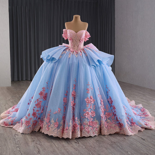 Luxury Blue Pink Off-Shoulder Bow Floral Beaded Ball Gown HM241110B