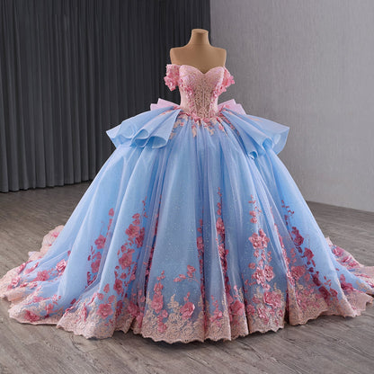 Luxury Blue Pink Off-Shoulder Bow Floral Beaded Ball Gown HM241110B