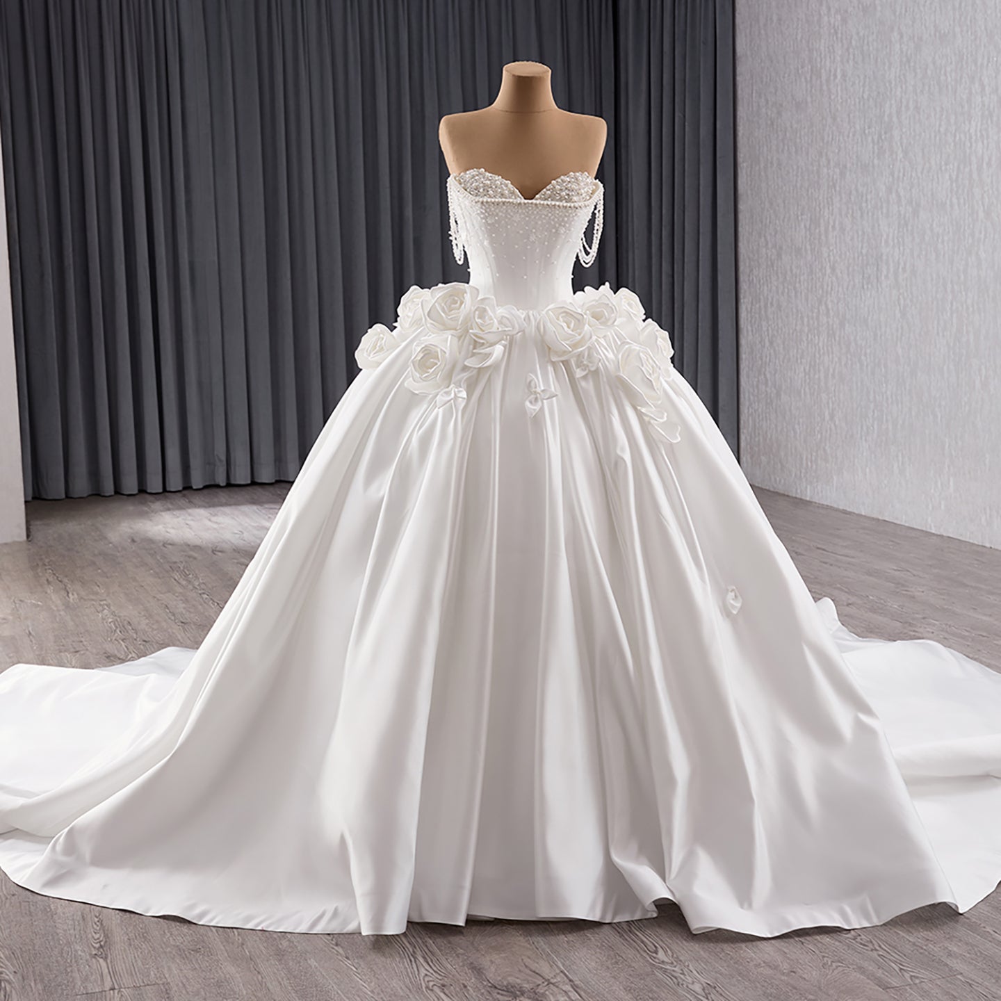 Luxury White Pearl Beaded 3D Floral Off-Shoulder Wedding Dress HM241140