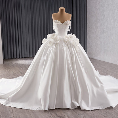 Luxury White Pearl Beaded 3D Floral Off-Shoulder Wedding Dress HM241140