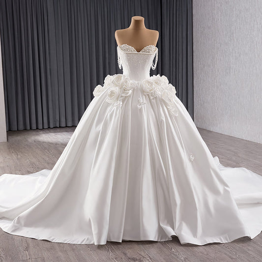 Luxury White Pearl Beaded 3D Floral Off-Shoulder Wedding Dress HM241140