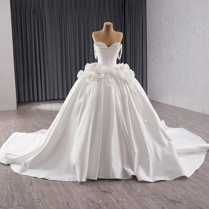 Luxury White Pearl Beaded 3D Floral Off-Shoulder Wedding Dress HM241140