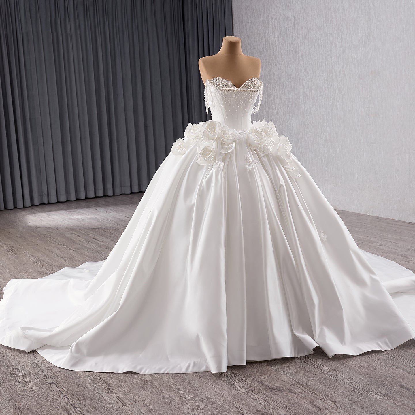 Luxury White Pearl Beaded 3D Floral Off-Shoulder Wedding Dress HM241140