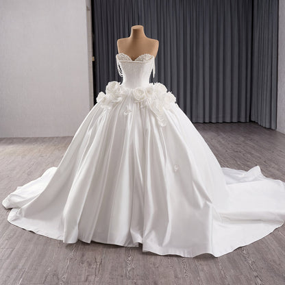 Luxury White Pearl Beaded 3D Floral Off-Shoulder Wedding Dress HM241140