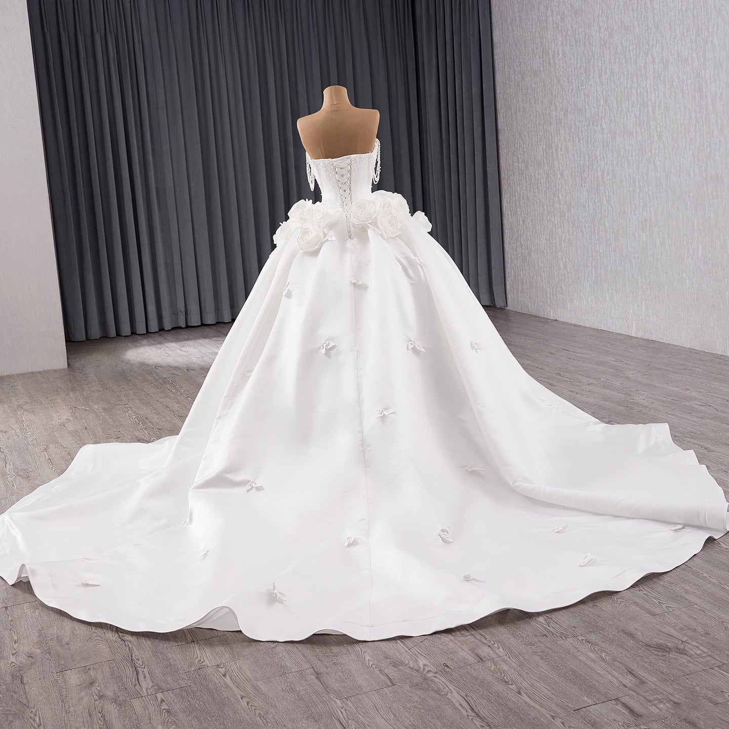 Luxury White Pearl Beaded 3D Floral Off-Shoulder Wedding Dress HM241140