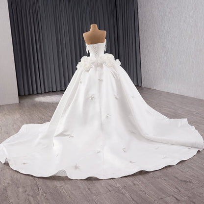 Luxury White Pearl Beaded 3D Floral Off-Shoulder Wedding Dress HM241140
