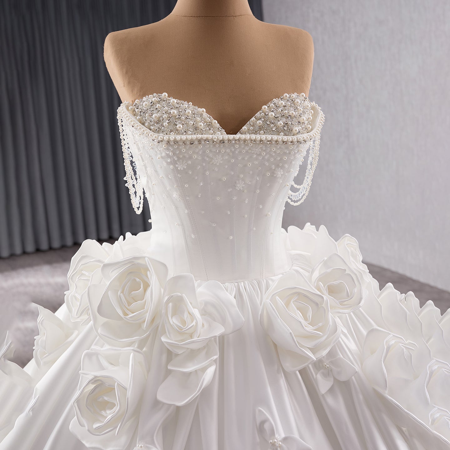 Luxury White Pearl Beaded 3D Floral Off-Shoulder Wedding Dress HM241140