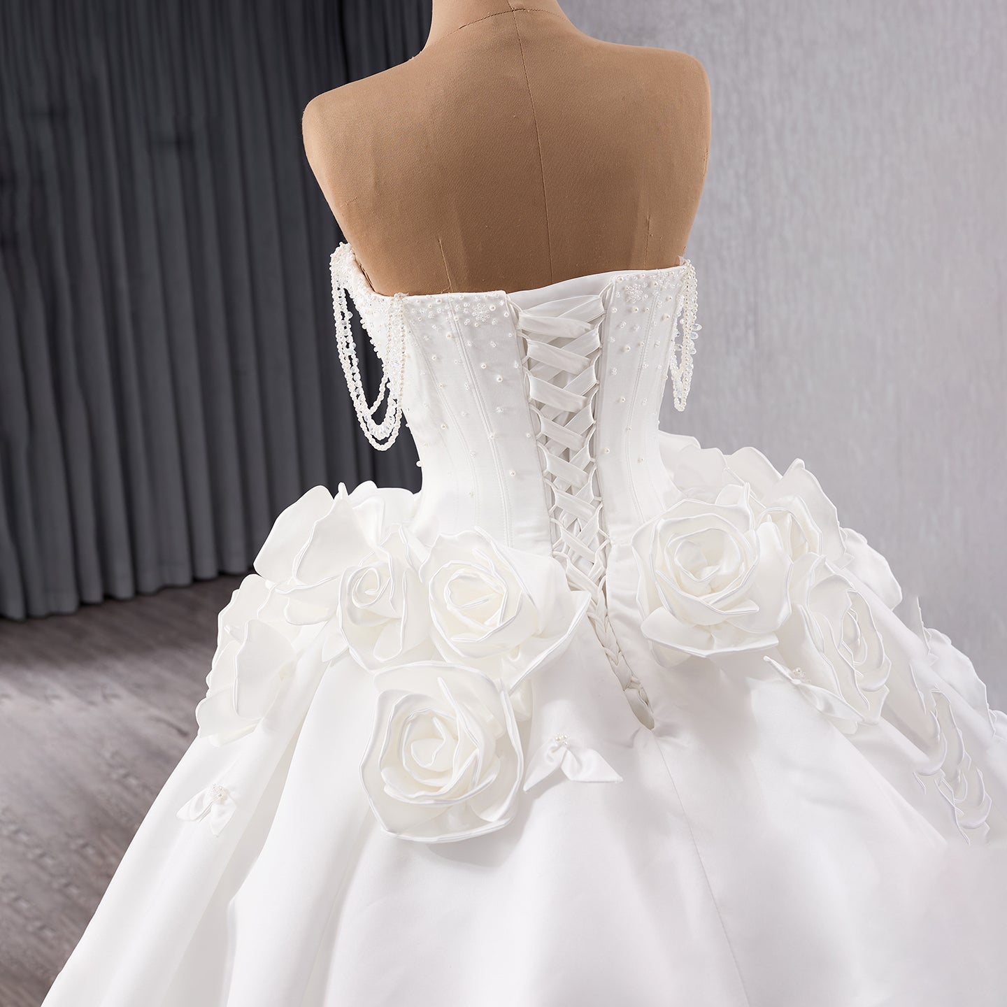 Luxury White Pearl Beaded 3D Floral Off-Shoulder Wedding Dress HM241140