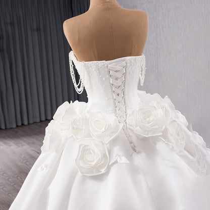 Luxury White Pearl Beaded 3D Floral Off-Shoulder Wedding Dress HM241140
