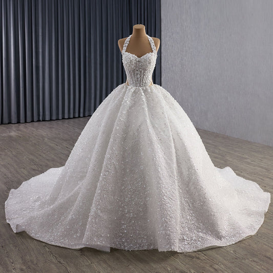 Luxury White Halter Floral Appliques Ball Gown Wedding Dress HM251085