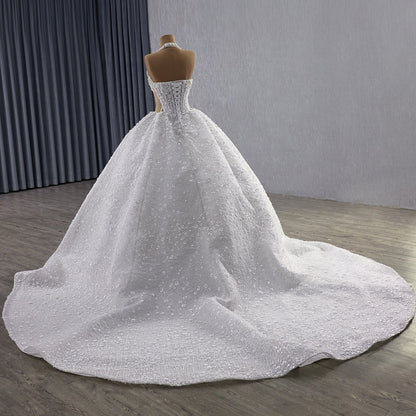 Luxury White Halter Floral Appliques Ball Gown Wedding Dress HM251085