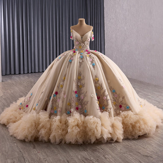 Luxury Nude Off-Shoulder Floral 3D Appliques Ball Gown HM251088