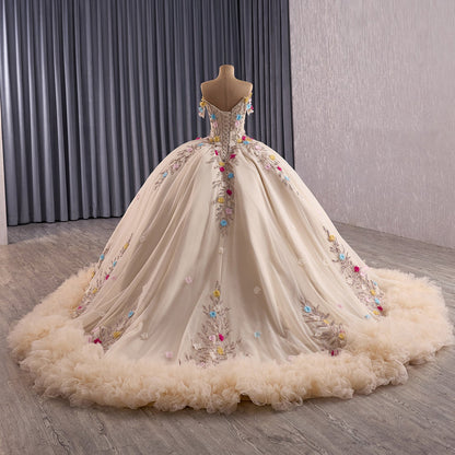 Luxury Nude Off-Shoulder Floral 3D Appliques Ball Gown HM251088