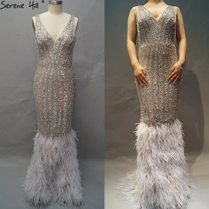 Luxury Silver Feather Mermaid V-Neck Evening Dress LA60749