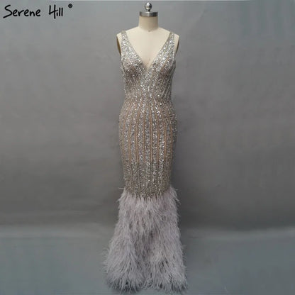 Luxury Silver Feather Mermaid V-Neck Evening Dress LA60749