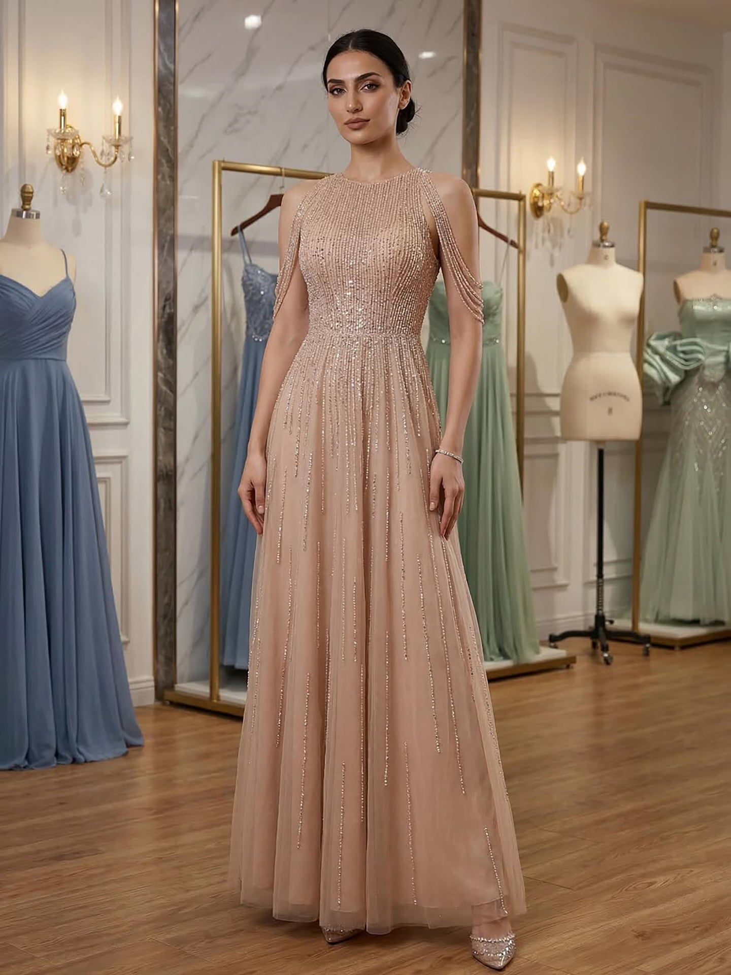 Luxury Pink Beaded Tassel A-Line Evening Dress LA70266