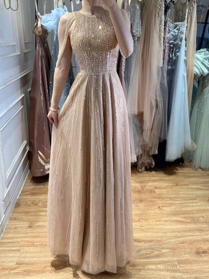 Luxury Pink Beaded Tassel A-Line Evening Dress LA70266