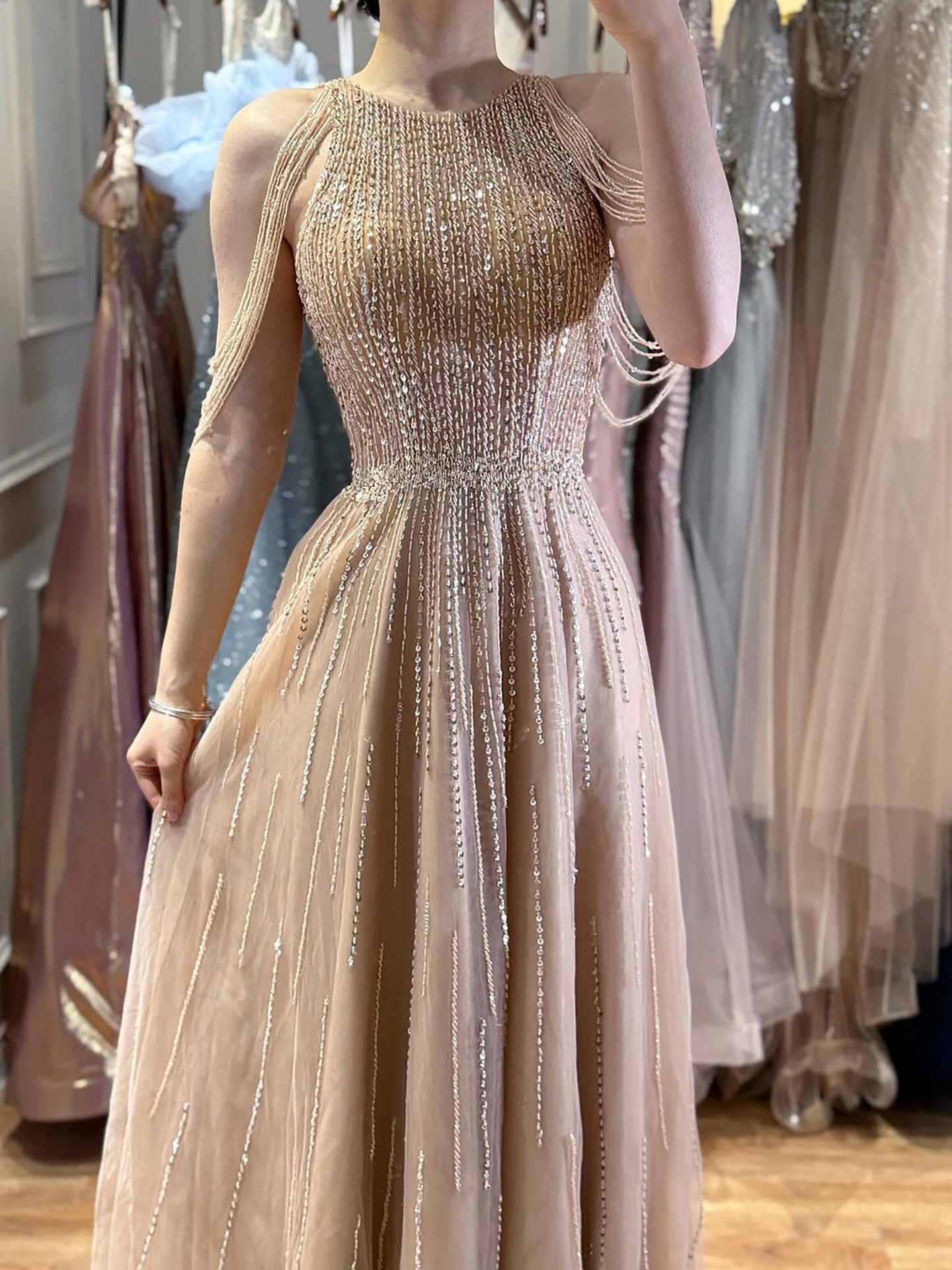 Luxury Pink Beaded Tassel A-Line Evening Dress LA70266
