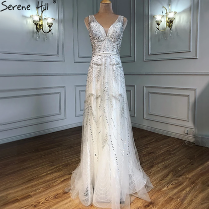 On Sale  no return no refund Rose Gold A-Line V-Neck Luxury Sexy Evening Dresses 2025 Pearls Crystal Long Sleeves Fromal Gown Serene Hill LA70287