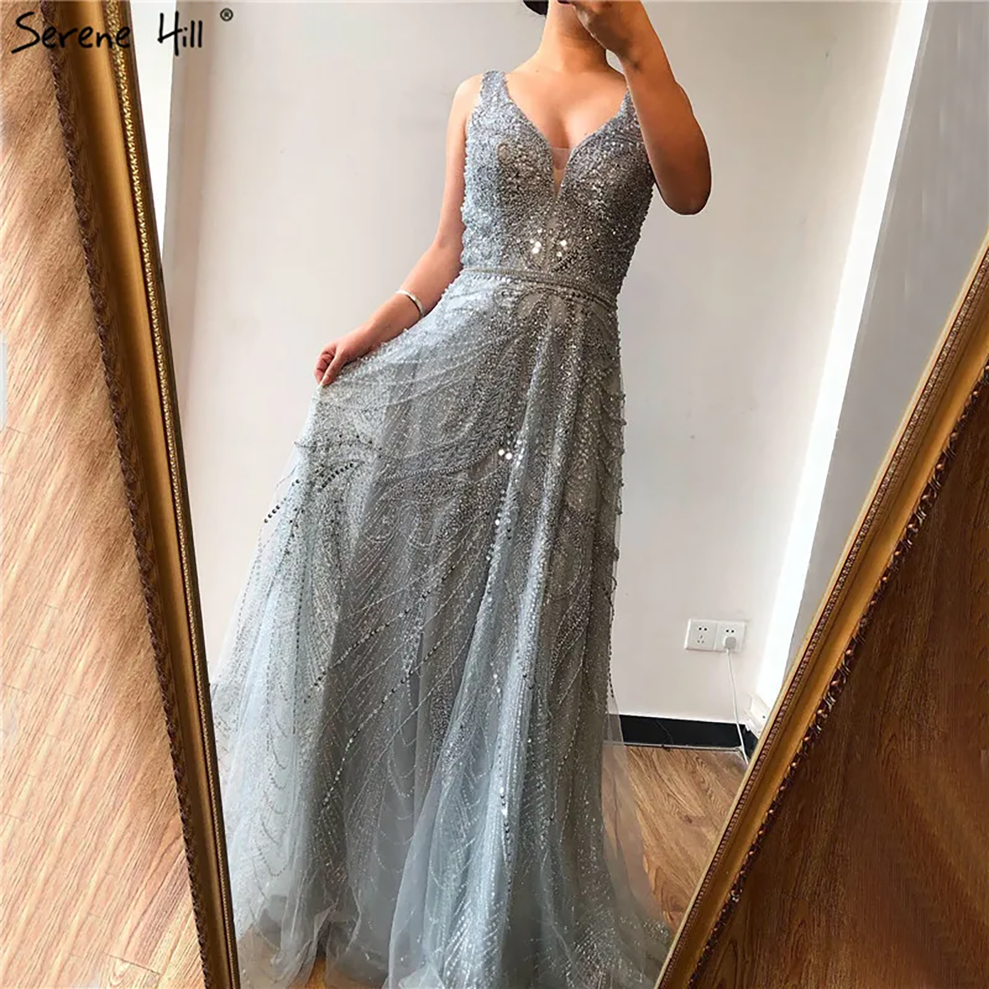 On Sale  no return no refund Rose Gold A-Line V-Neck Luxury Sexy Evening Dresses 2025 Pearls Crystal Long Sleeves Fromal Gown Serene Hill LA70287