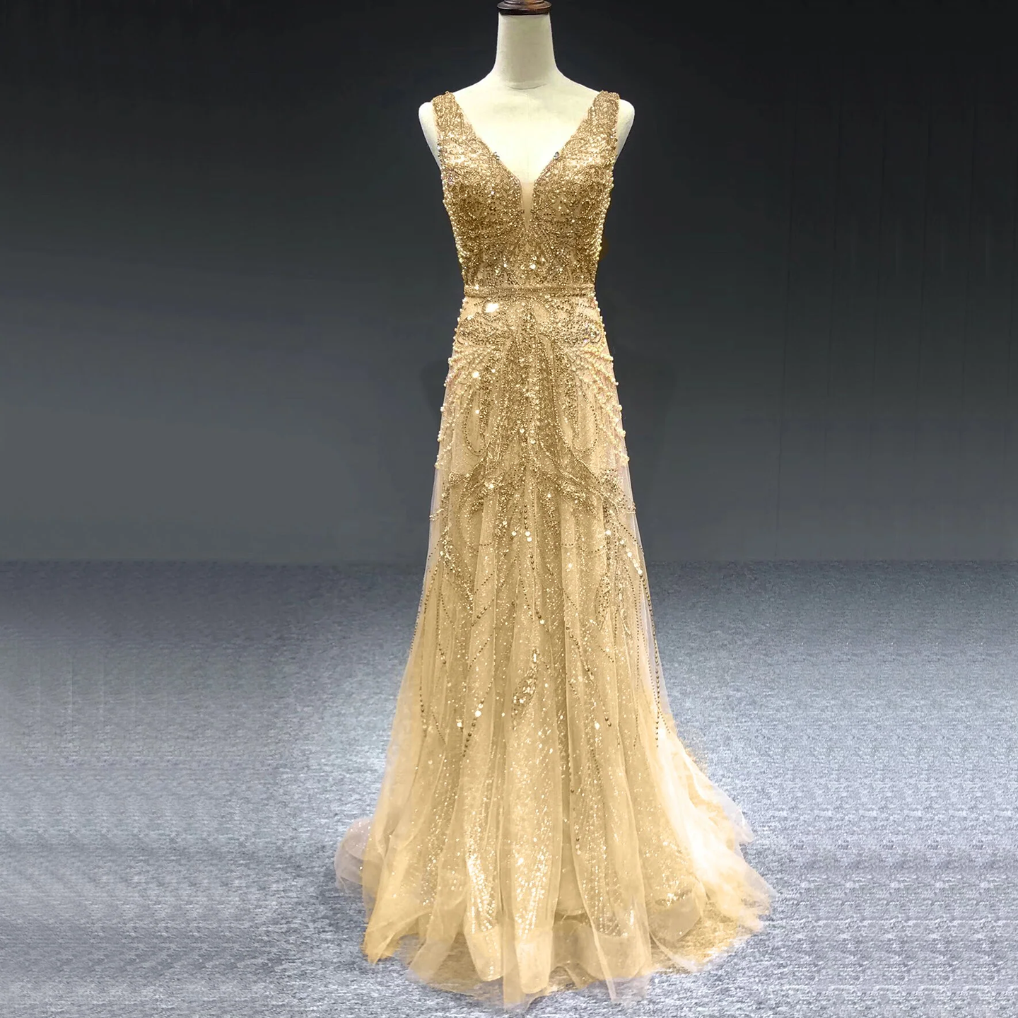 On Sale  no return no refund Rose Gold A-Line V-Neck Luxury Sexy Evening Dresses 2025 Pearls Crystal Long Sleeves Fromal Gown Serene Hill LA70287