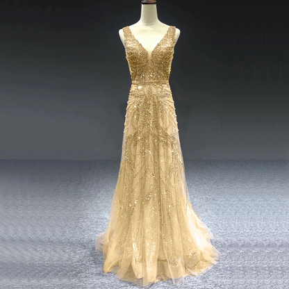 On Sale  no return no refund Rose Gold A-Line V-Neck Luxury Sexy Evening Dresses 2025 Pearls Crystal Long Sleeves Fromal Gown Serene Hill LA70287