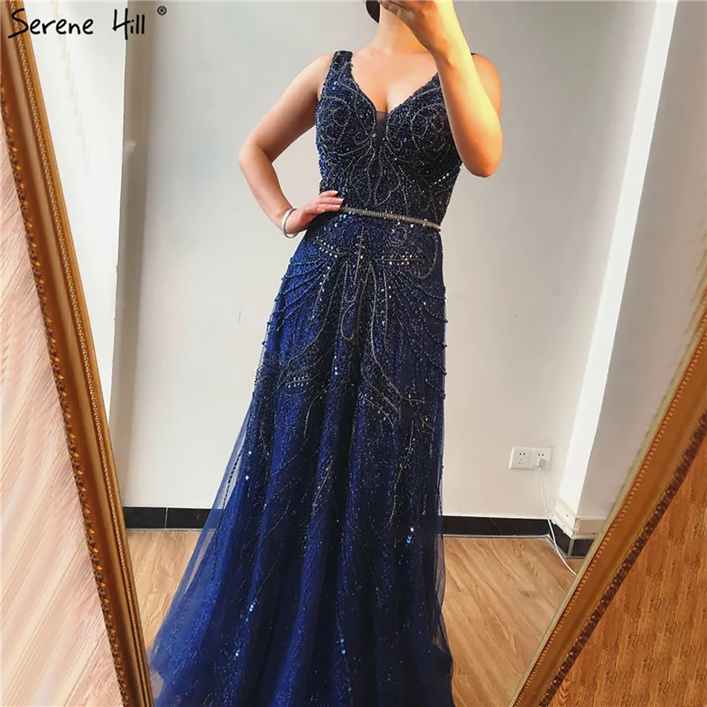 On Sale  no return no refund Rose Gold A-Line V-Neck Luxury Sexy Evening Dresses 2025 Pearls Crystal Long Sleeves Fromal Gown Serene Hill LA70287