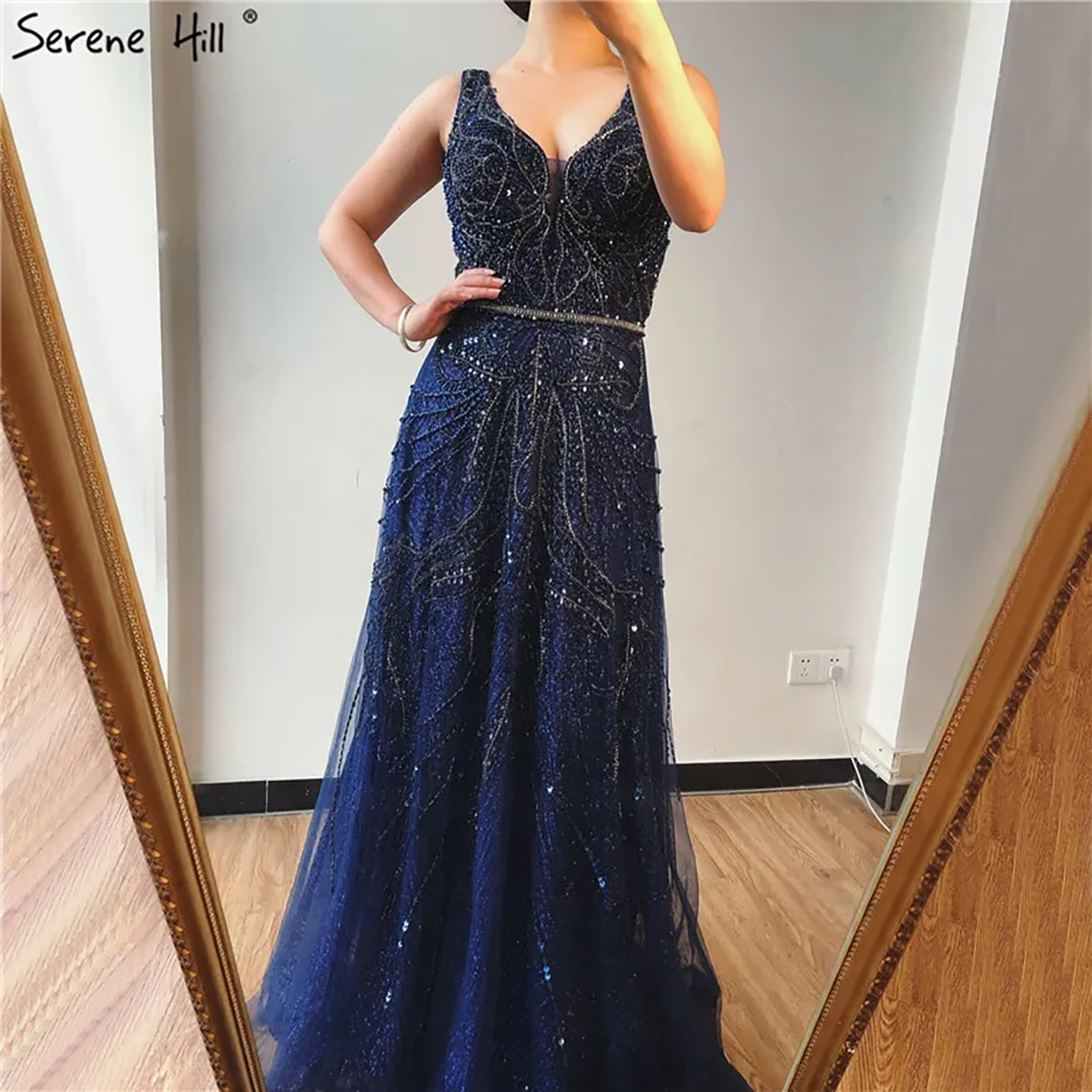 On Sale  no return no refund Rose Gold A-Line V-Neck Luxury Sexy Evening Dresses 2025 Pearls Crystal Long Sleeves Fromal Gown Serene Hill LA70287