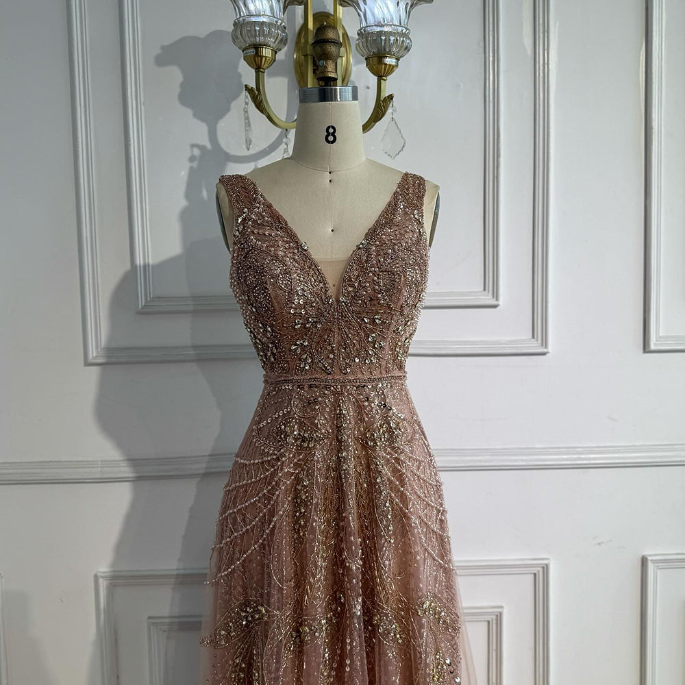 On Sale  no return no refund Rose Gold A-Line V-Neck Luxury Sexy Evening Dresses 2025 Pearls Crystal Long Sleeves Fromal Gown Serene Hill LA70287
