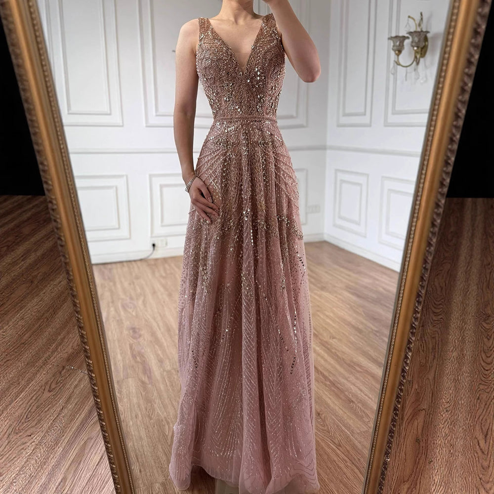On Sale  no return no refund Rose Gold A-Line V-Neck Luxury Sexy Evening Dresses 2025 Pearls Crystal Long Sleeves Fromal Gown Serene Hill LA70287