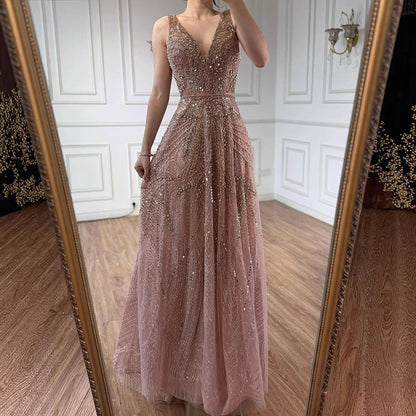 On Sale  no return no refund Rose Gold A-Line V-Neck Luxury Sexy Evening Dresses 2025 Pearls Crystal Long Sleeves Fromal Gown Serene Hill LA70287
