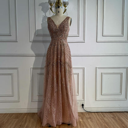 On Sale  no return no refund Rose Gold A-Line V-Neck Luxury Sexy Evening Dresses 2025 Pearls Crystal Long Sleeves Fromal Gown Serene Hill LA70287