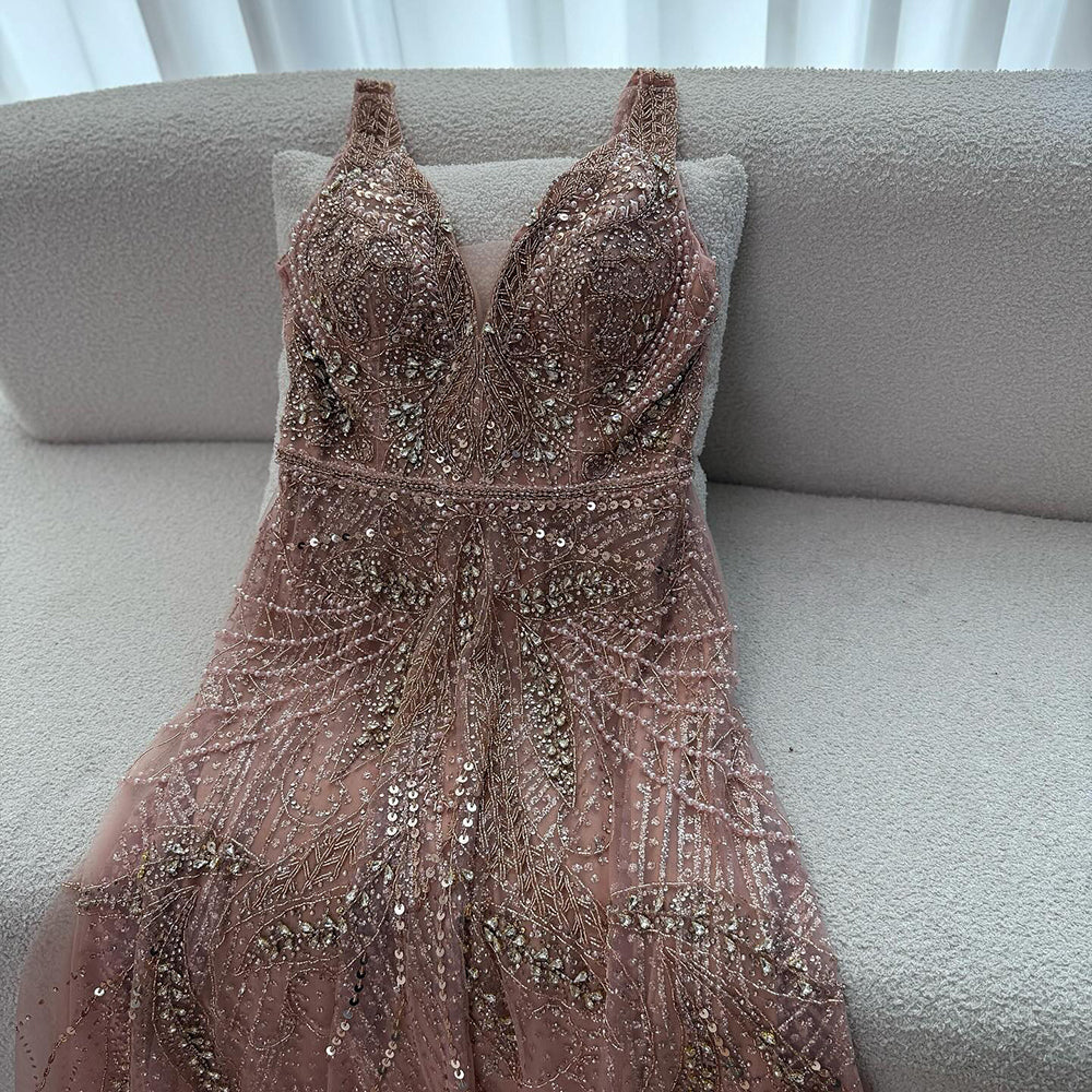 On Sale  no return no refund Rose Gold A-Line V-Neck Luxury Sexy Evening Dresses 2025 Pearls Crystal Long Sleeves Fromal Gown Serene Hill LA70287