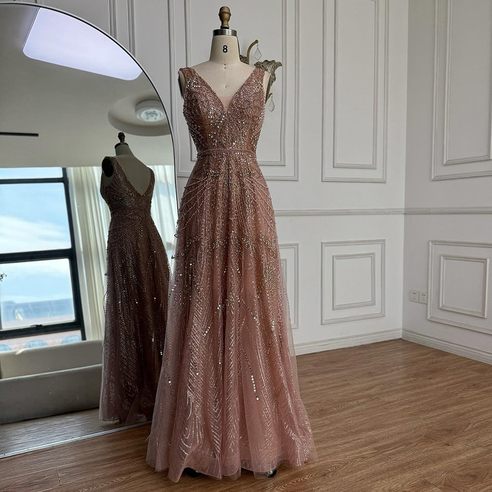 On Sale  no return no refund Rose Gold A-Line V-Neck Luxury Sexy Evening Dresses 2025 Pearls Crystal Long Sleeves Fromal Gown Serene Hill LA70287