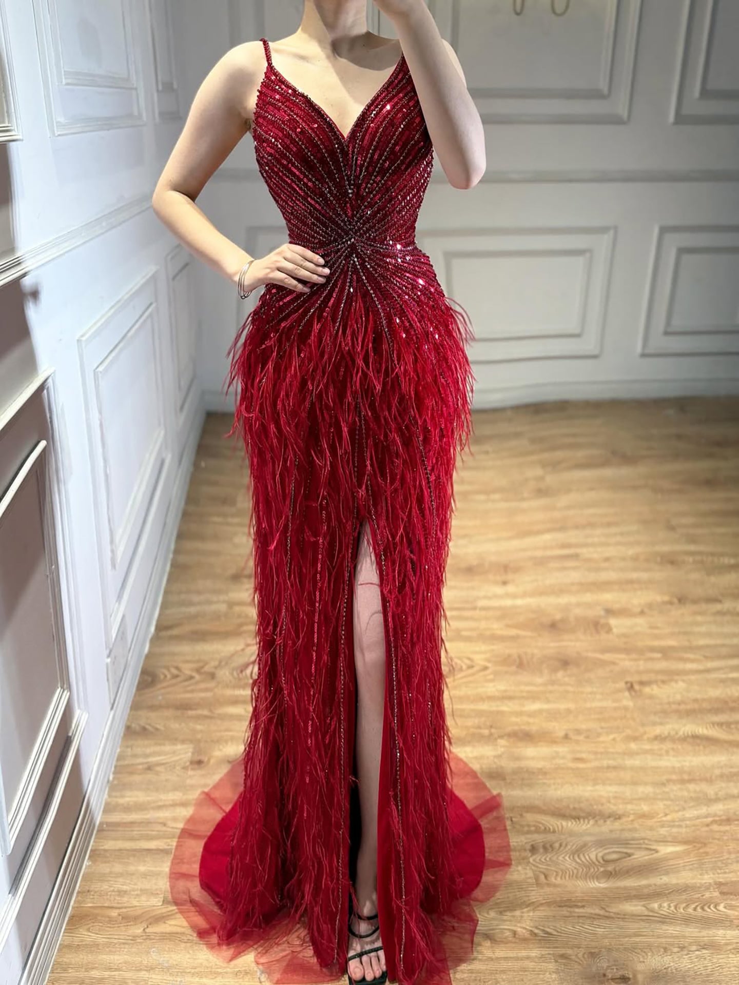 Luxury Classy blue Feathers Beaded Mermaid Prom Dress with Split LA70623