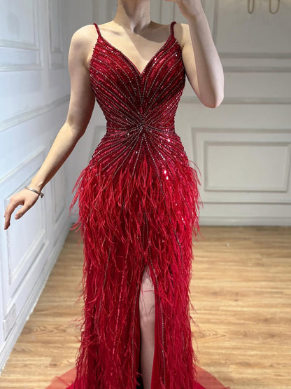 Luxury Classy blue Feathers Beaded Mermaid Prom Dress with Split LA70623
